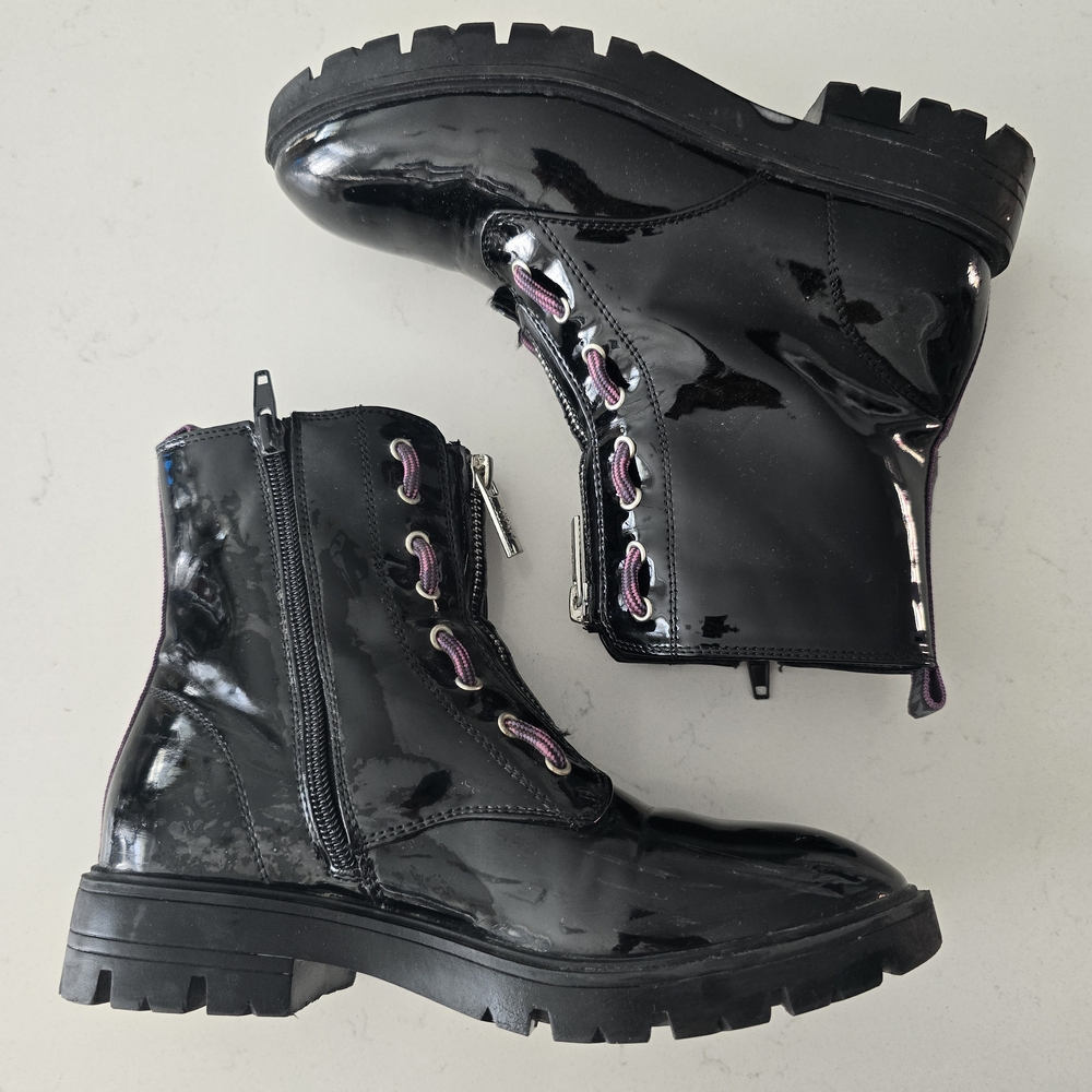 DKNY Glossy Black Boots with Purple Accents